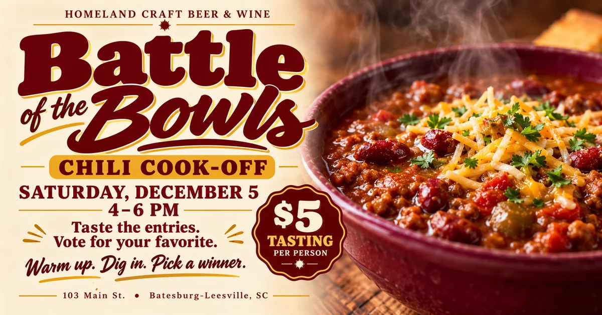 Homeland Battle of the Bowls Chili Cook-Off, December 5, 4–6 PM, $5 tasting per person