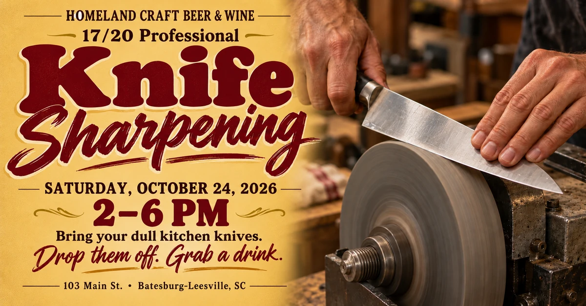 17/20 Professional Knife Sharpening at Homeland on Saturday, October 24, 2026, 2–6 PM, with a professional sharpening a kitchen knife on a powered wheel