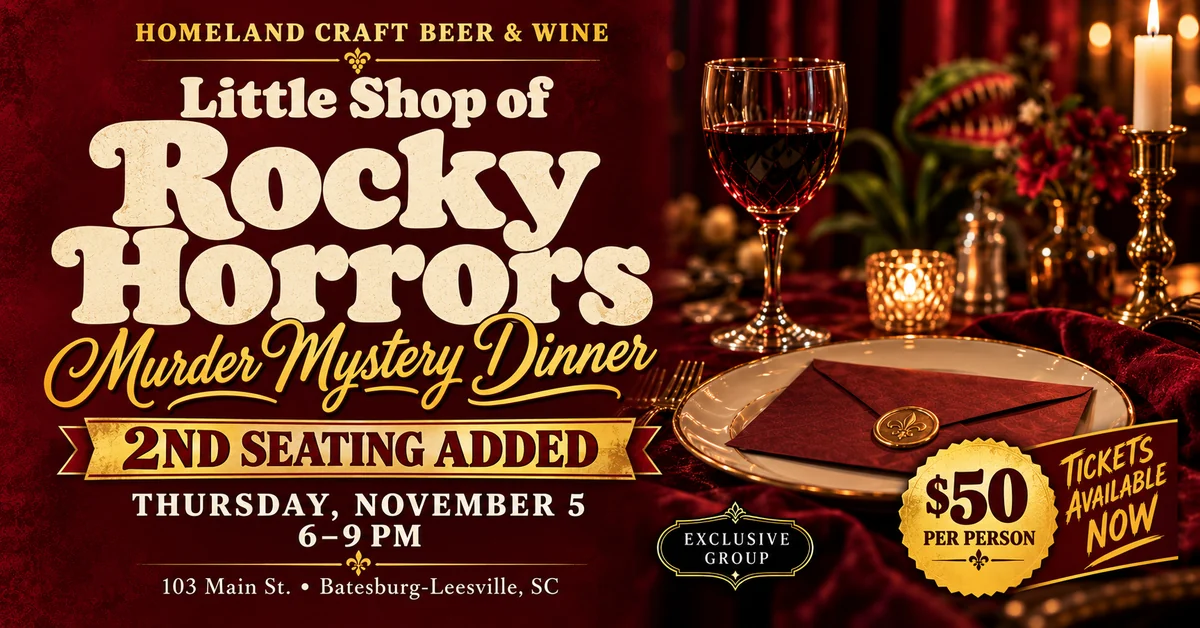 Little Shop of Rocky Horrors murder mystery dinner, second seating: November 5, 2026, 6–9 PM, $50 per person at Homeland