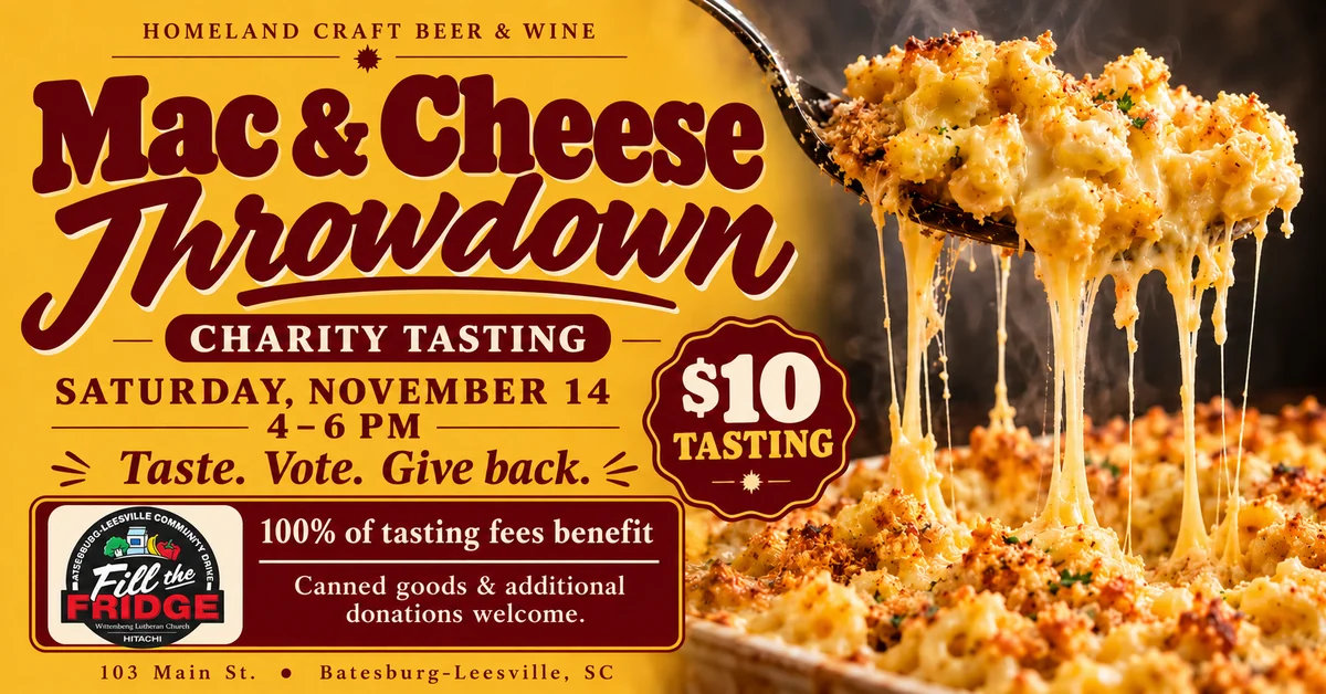 Homeland Mac & Cheese Throwdown, November 14, 4–6 PM, $10 tasting benefiting Fill the Fridge