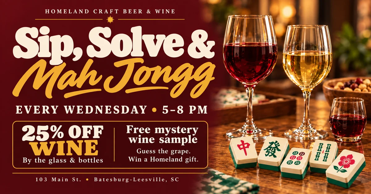 Sip, Solve & Mah Jongg at Homeland every Wednesday, 5–8 PM, with 25% off wine and a free mystery wine sample