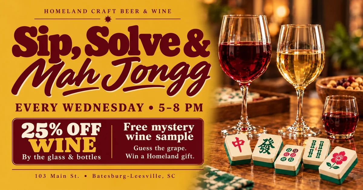 Sip, Solve & Mah Jongg at Homeland every Wednesday, 5–8 PM, with 25% off wine and a free mystery wine sample