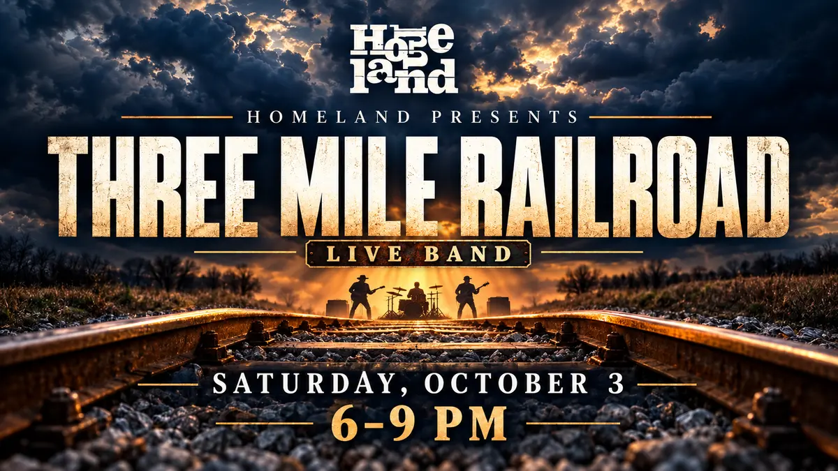 Three Mile Railroad live at Homeland on Saturday, October 3 from 6 to 9 PM