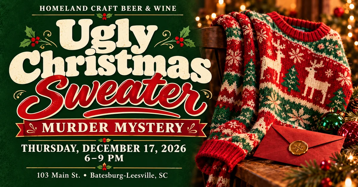 Ugly Christmas Sweater Murder Mystery at Homeland, December 17, 2026, 6–9 PM, with festive red and green knitwear
